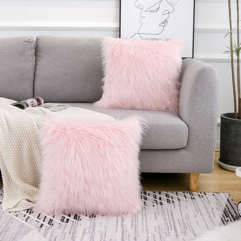 WLNUI Set of 2 Valentines Day Pink Fluffy Pillow Covers New Luxury Series Merino Style Blush Faux Fur Decorative Throw Pillow Covers Square Fuzzy Cushion Case 20x20 Inch - Image 2